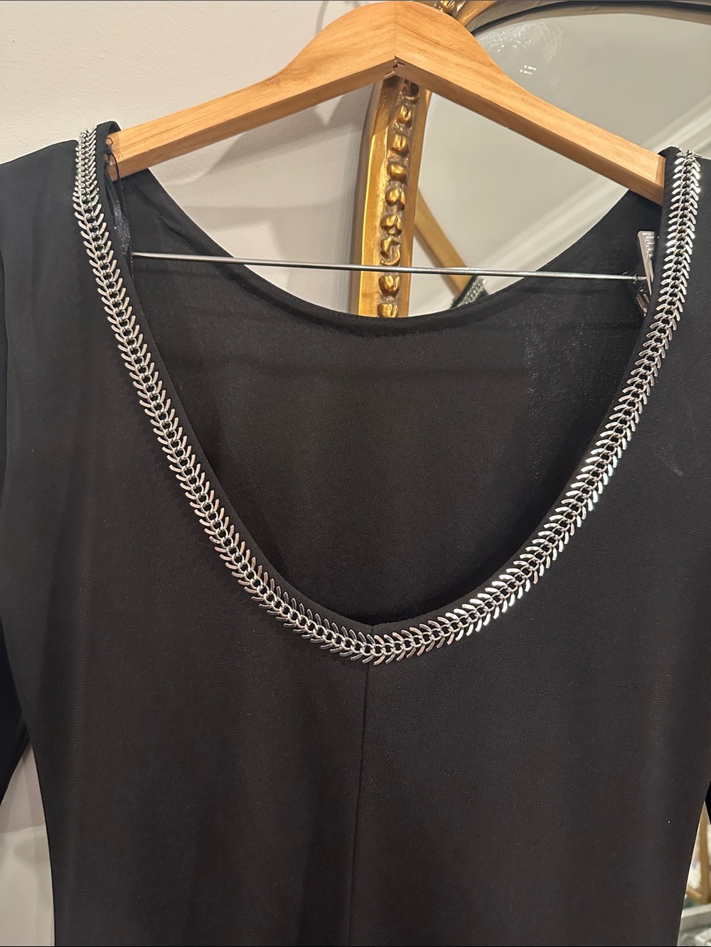 Classic Black Scoop Neck Dress with Chain Detail